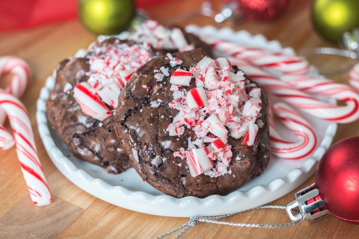 Chocolate Peppermint Cookies With crushed candy canes both inside and out, these rich, decadent Chocolate Peppermint Cookies add festive color and flavor to the holiday season!