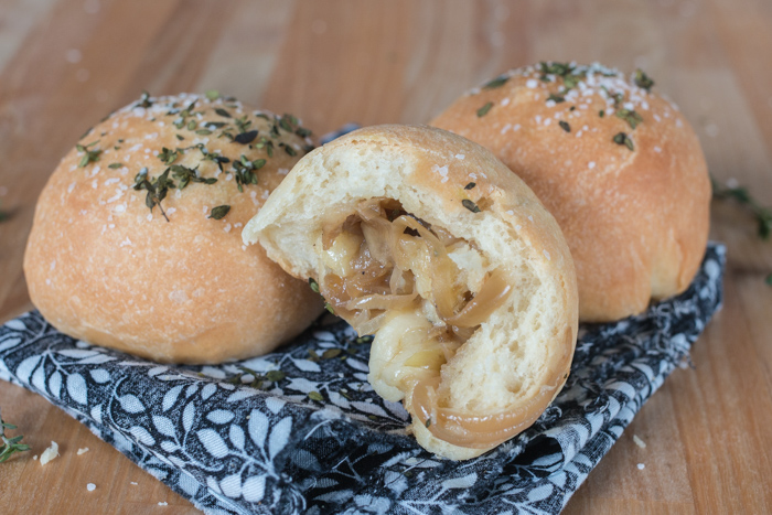 Caramelized Onion and Gruyere-Stuffed Rolls Imagine the amazing combination of flavors in French Onion Soup -- deep, rich, and sweet caramelized onions and nutty, smooth Gruyere cheese -- wrapped up in soft, tender bread, and you'll have these Caramelized Onion and Gruyere-Stuffed Rolls.