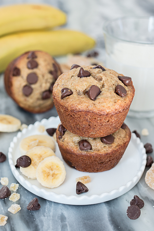Fruity and moist, these Ginger-Chocolate Chip Banana Muffins include generous quantities of crystallized ginger and chocolate chips for extra flavor and richness.