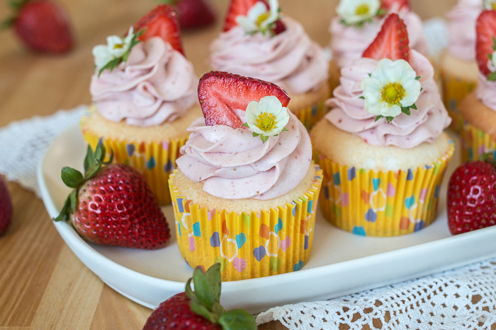 The airy, delicate texture of these Angel Food Cupcakes pairs perfectly with sweet and light Strawberry Whipped Cream. 