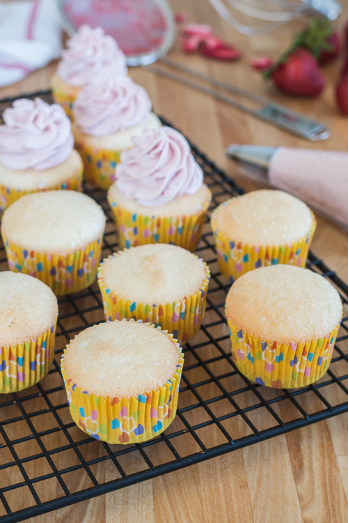 The airy, delicate texture of these Angel Food Cupcakes pairs perfectly with sweet and light Strawberry Whipped Cream. 