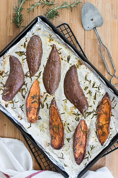 Quick and easy Rosemary Roasted Sweet Potatoes provide a vibrant, flavorful addition to any meal. Their bright orange color looks gorgeous on your plate!