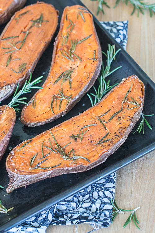 Quick and easy Rosemary Roasted Sweet Potatoes provide a vibrant, flavorful addition to any meal. Their bright orange color looks gorgeous on your plate!