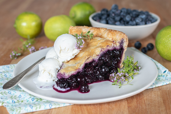 With tangy citrus tones from fresh lime juice and zest, this maple syrup-sweetened Blueberry Pie makes a perfect summer-time dessert. 