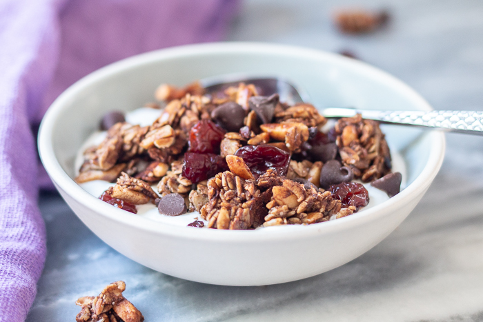 With cocoa nibs, cocoa powder, and chocolate chips, this Bittersweet Chocolate and Cherry Granola delivers deep chocolate flavor with bursts of tart cherry sweetness.