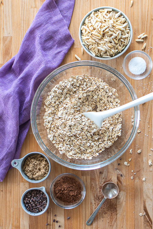 With cocoa nibs, cocoa powder, and chocolate chips, this Bittersweet Chocolate and Cherry Granola delivers deep chocolate flavor with bursts of tart cherry sweetness.