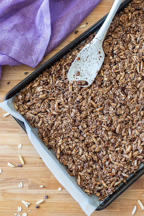 With cocoa nibs, cocoa powder, and chocolate chips, this Bittersweet Chocolate and Cherry Granola delivers deep chocolate flavor with bursts of tart cherry sweetness.