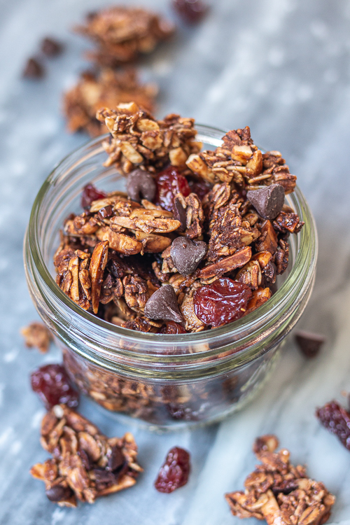With cocoa nibs, cocoa powder, and chocolate chips, this Bittersweet Chocolate and Cherry Granola delivers deep chocolate flavor with bursts of tart cherry sweetness.