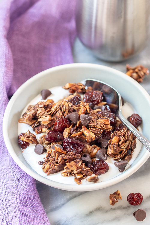 With cocoa nibs, cocoa powder, and chocolate chips, this Bittersweet Chocolate and Cherry Granola delivers deep chocolate flavor with bursts of tart cherry sweetness. Since it's mostly oats, we're calling it breakfast!