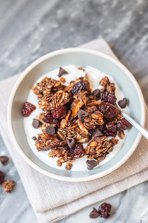 With cocoa nibs, cocoa powder, and chocolate chips, this Bittersweet Chocolate and Cherry Granola delivers deep chocolate flavor with bursts of tart cherry sweetness.