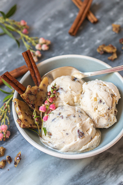 Decadent Cinnamon Cocoa Nib Brittle Ice Cream combines spicy, flavorful cinnamon ice cream with crunchy, cocoa nib-studded brittle. 