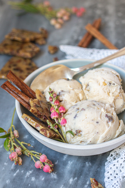 Decadent Cinnamon Cocoa Nib Brittle Ice Cream combines spicy, flavorful cinnamon ice cream with crunchy, cocoa nib-studded brittle. 