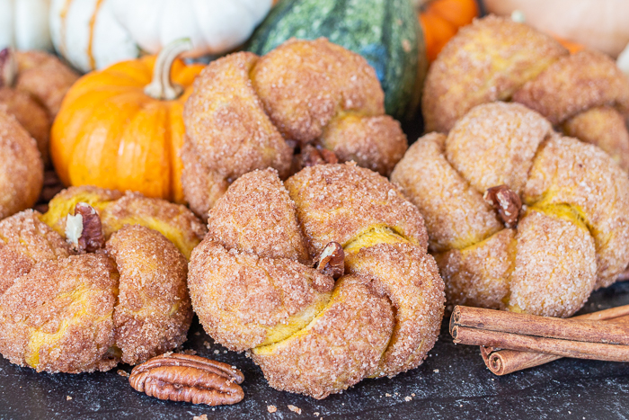 Pumpkin Cinnamon Buns With pumpkin dough and a crisp, cinnamon-sugar coating, these squash-shaped Pumpkin Cinnamon Buns add sweetness and fun to fall festivities!