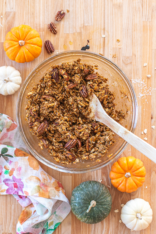 Loaded with pecans, almonds, dried cranberries, and plenty of pumpkin, this spiced Pumpkin Granola delivers delicious fall flavors with a satisfying crunch!