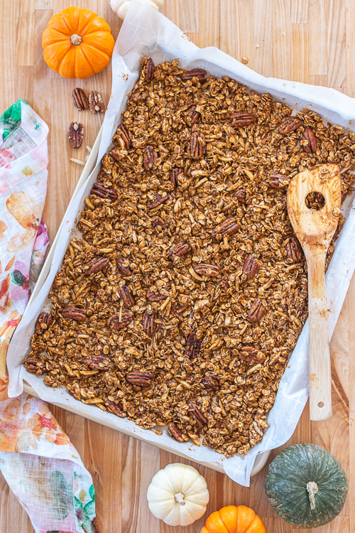 Loaded with pecans, almonds, dried cranberries, and plenty of pumpkin, this spiced Pumpkin Granola delivers delicious fall flavors with a satisfying crunch!