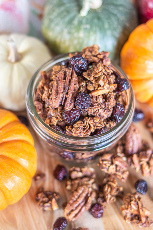 Loaded with pecans, almonds, dried cranberries, and plenty of pumpkin, this spiced Pumpkin Granola delivers delicious fall flavors with a satisfying crunch!