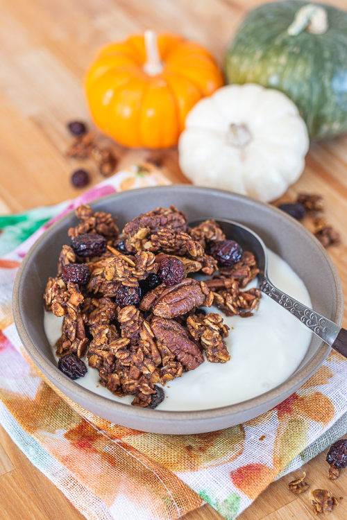 Loaded with pecans, almonds, dried cranberries, and plenty of pumpkin, this spiced Pumpkin Granola delivers delicious fall flavors with a satisfying crunch!
