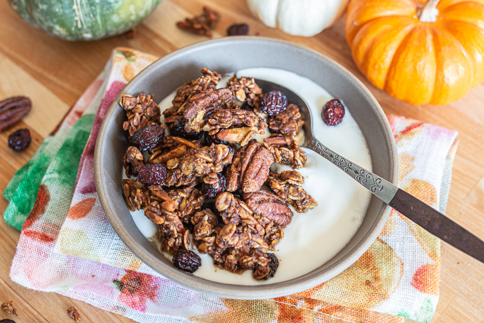 Loaded with pecans, almonds, dried cranberries, and plenty of pumpkin, this spiced Pumpkin Granola delivers delicious fall flavors with a satisfying crunch!