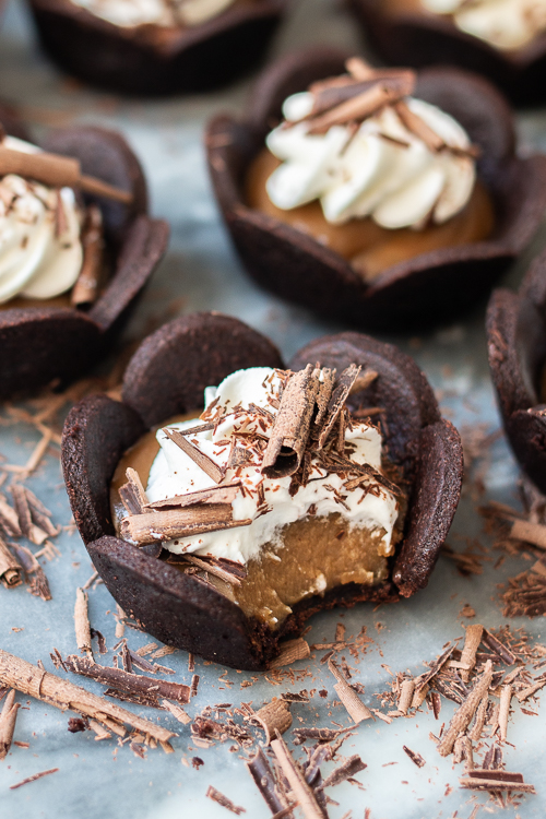 These easy-to-serve Mini Butterscotch Cream Pies feature chocolate cookie cups loaded with rich, creamy butterscotch pudding. 