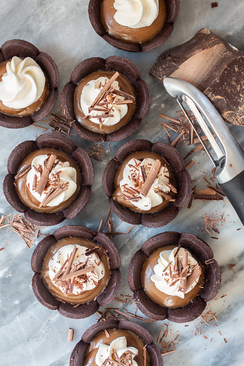 These easy-to-serve Mini Butterscotch Cream Pies feature chocolate cookie cups loaded with rich, creamy butterscotch pudding. 