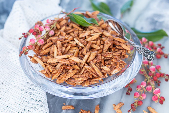 Candied Almond Slivers Crunchy, salty, and sweet, these cinnamon-spiced Candied Almond Slivers make a tasty topping for dishes of all kinds. They're great for snacking, too!