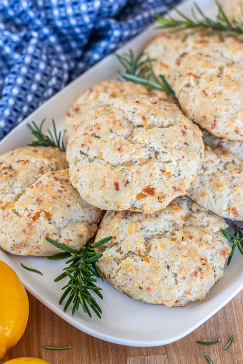 These quick, easy Savory Rosemary-Lemon Biscuits deliver a light-textured, buttery biscuit with a satisfying citrus-rosemary flavor. 