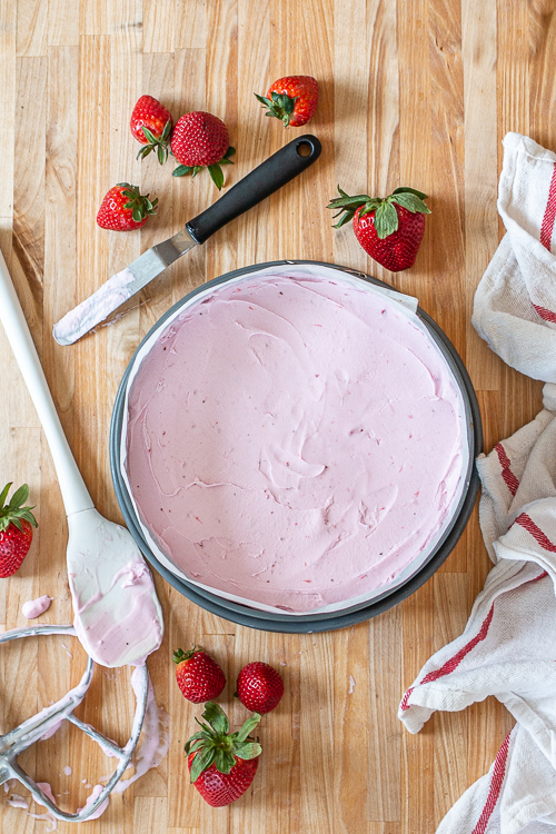This simple, easy-to-prepare Strawberry Ice Cream Cake features a decadent, fudgy chocolate cake topped with sweet, fruity ice cream.  