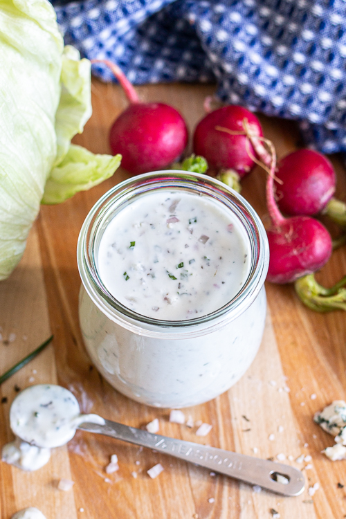 Thick and creamy from a yogurt base, this Tangy Blue Cheese Dressing tastes incredible on salads or as a satisfying, flavorful dip for fresh veggies. 