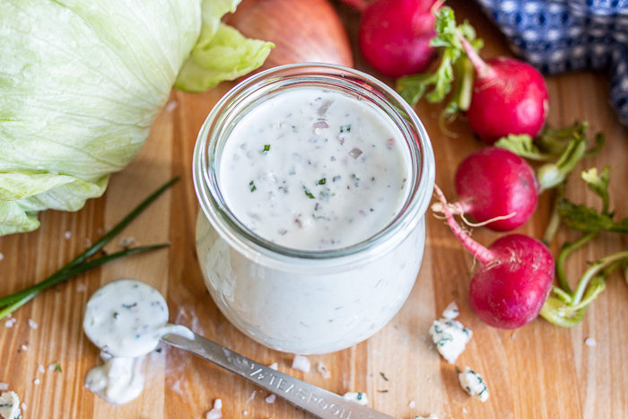 Thick and creamy from a yogurt base, this Tangy Blue Cheese Dressing tastes incredible on salads or as a satisfying, flavorful dip for fresh veggies. 