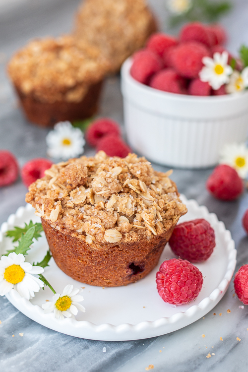 Spiced with cinnamon and cardamom, these quick and easy Raspberry Muffins bake into light and tender treats with a satisfying, crunchy streusel topping. 