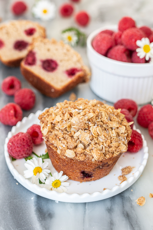 Spiced with cinnamon and cardamom, these quick and easy Raspberry Muffins bake into light and tender treats with a satisfying, crunchy streusel topping. 